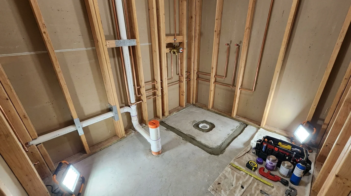 Bathroom rough-in plumbing during remodel by Johns Plumbing LLC in Dodge City