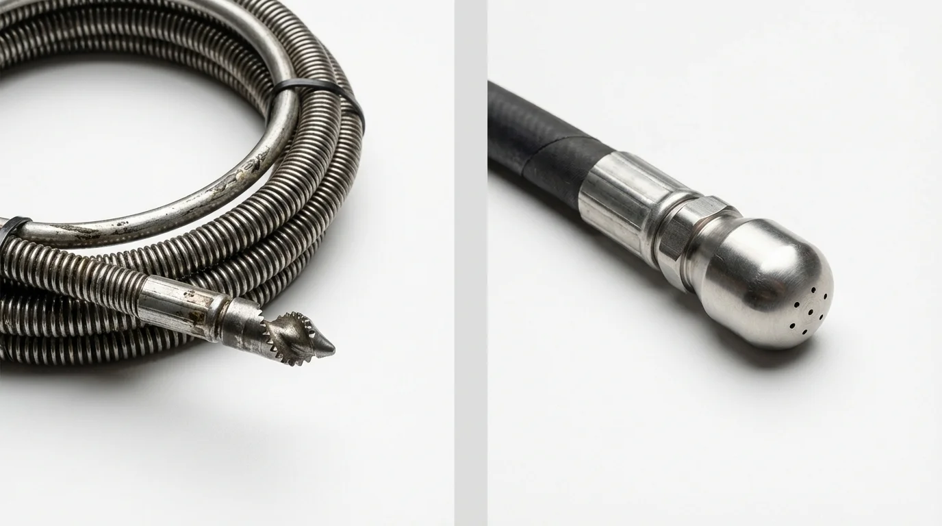 Drain snake cable and hydro jetting nozzle used for drain cleaning in Dodge City, KS