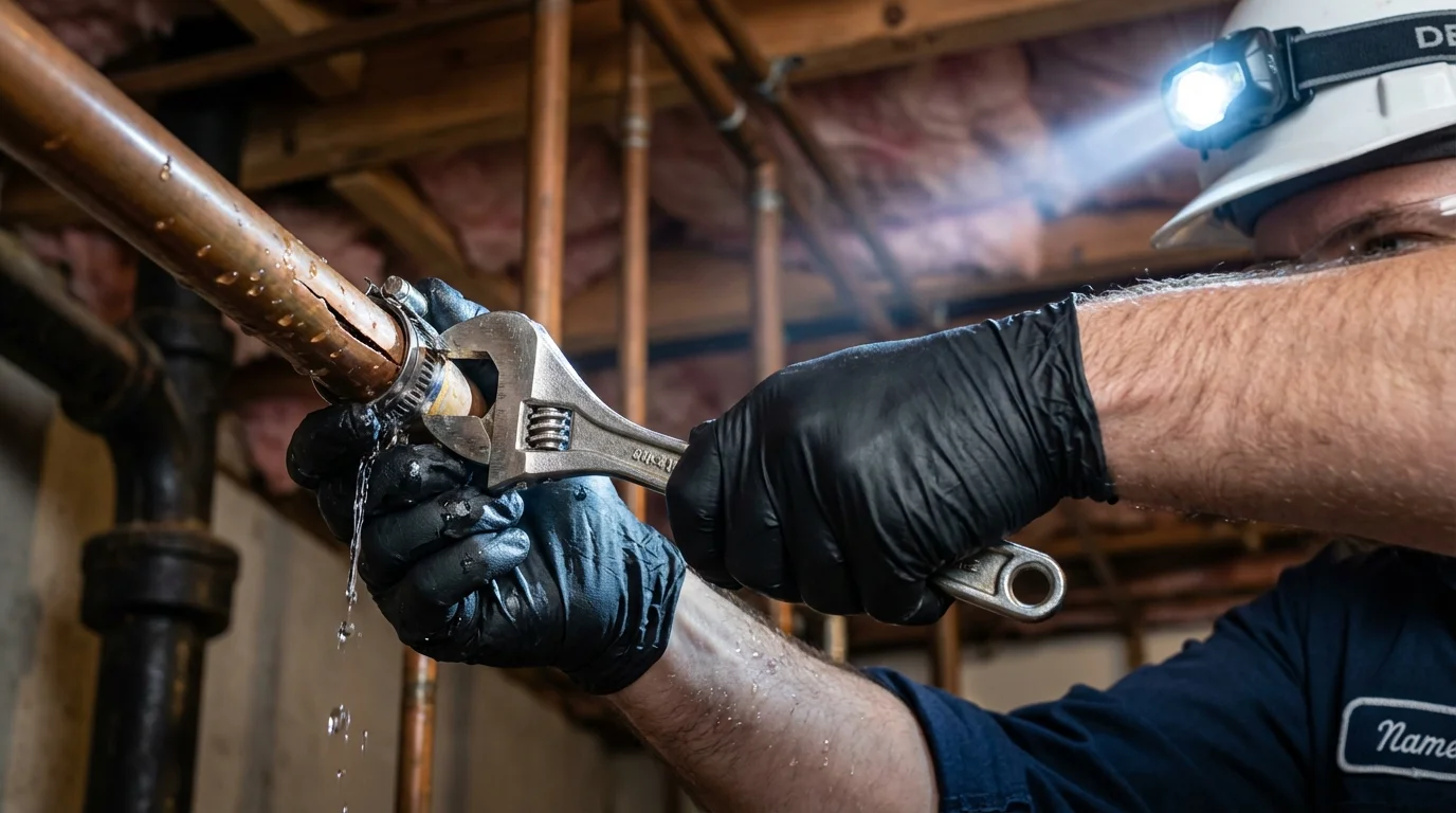 Emergency pipe clamp repair being performed by a Johns Plumbing LLC plumber in Dodge City