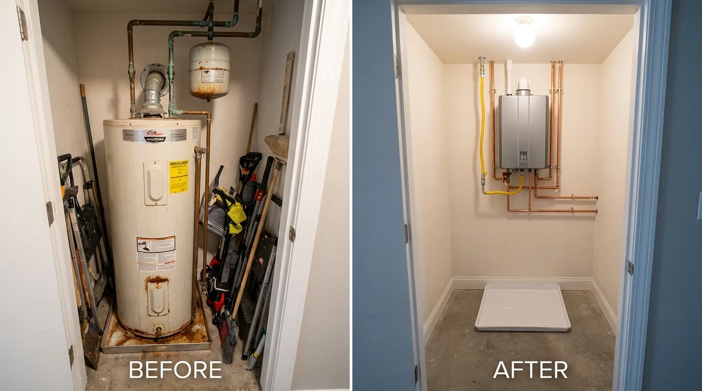 Tank water heater versus wall-mounted tankless unit comparison for Dodge City, KS homeowners
