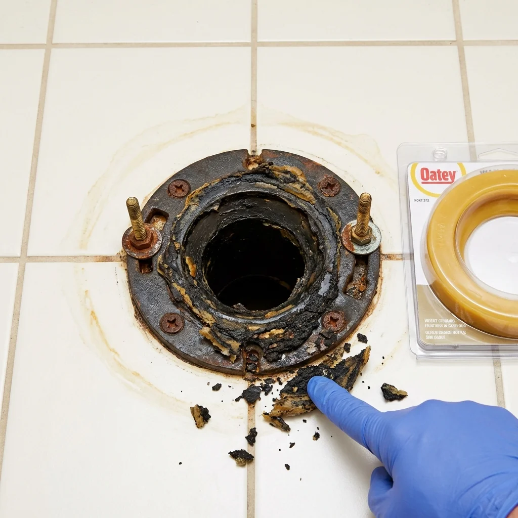 Failed wax ring showing water seepage at the base of a toilet in a Dodge City, KS home