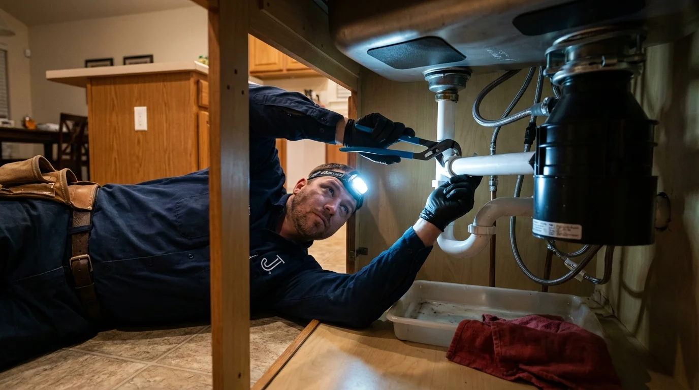 P-trap and supply line connections under a kitchen sink showing a common leak point in Dodge City, KS